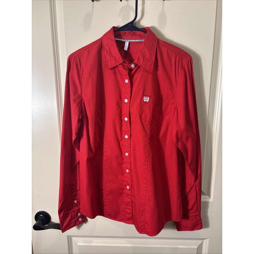 CINCH Women's Large Red Shirt Western Rodeo 100% Cotton Long Sleeve Button EUC